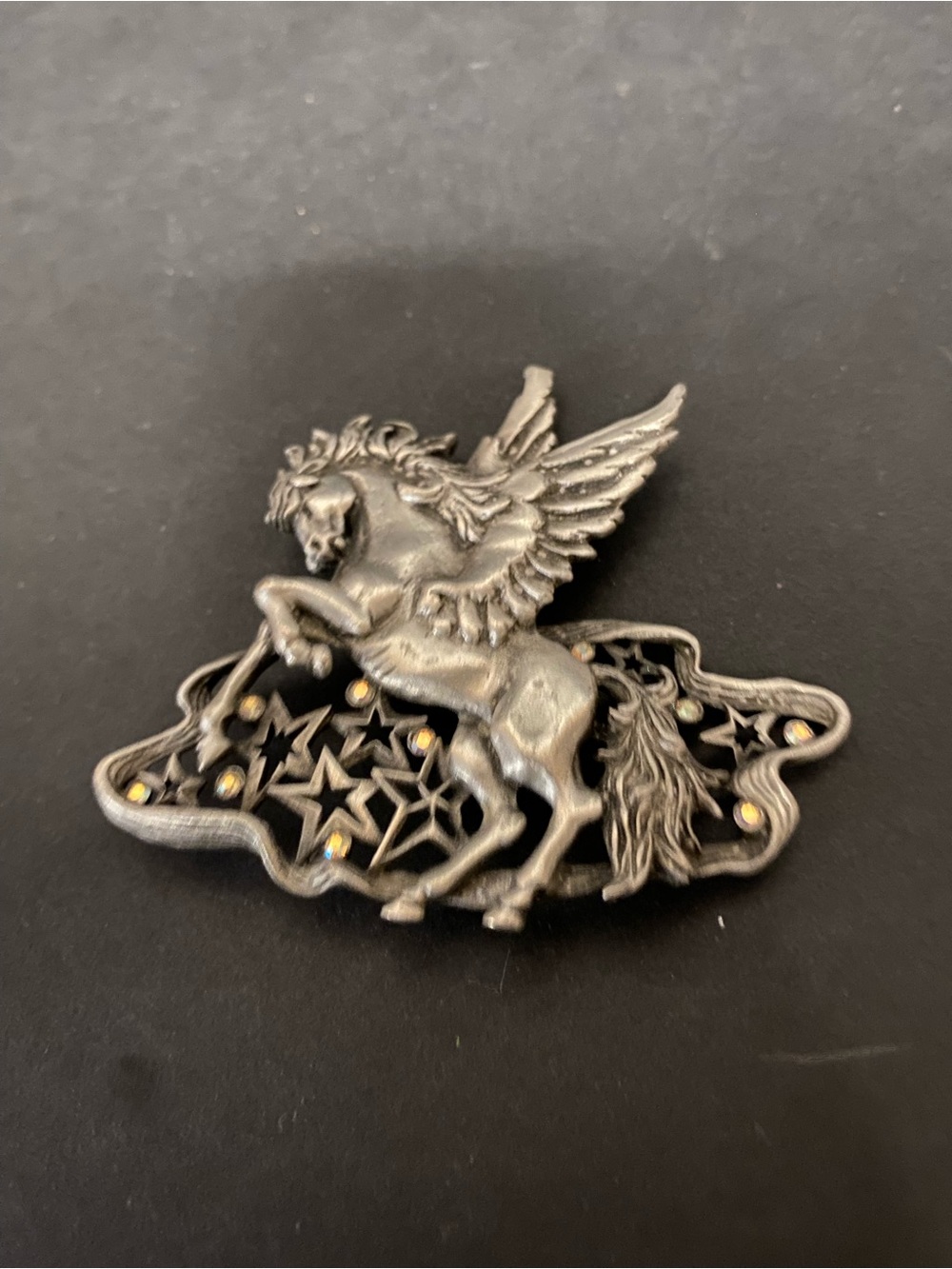 Vintage Joanette brand Winged Pegasus Star Brooch — Metallic Gunmetal